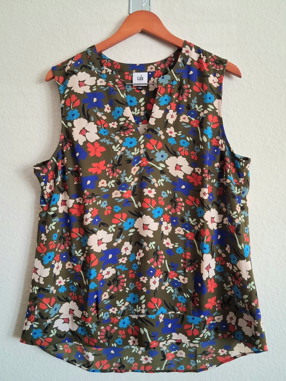CAbi Olive Floral Cold-Shoulder V-Neck Camisole with Red & Blue Accents
